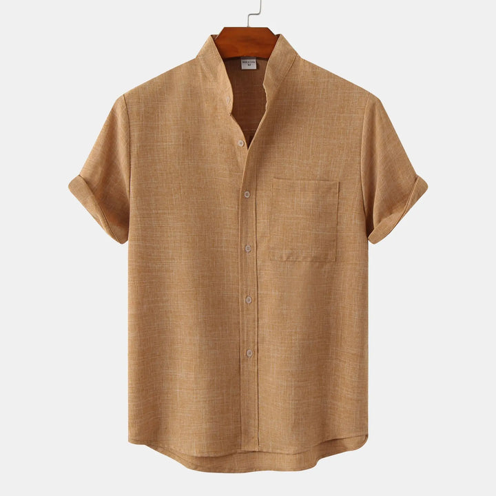 Men's Short Sleeve Collarless Button Up Shirt Linen Blend