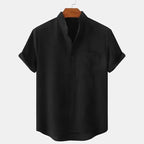 Men's Short Sleeve Linen Shirt Band Collar with Chest Pocket