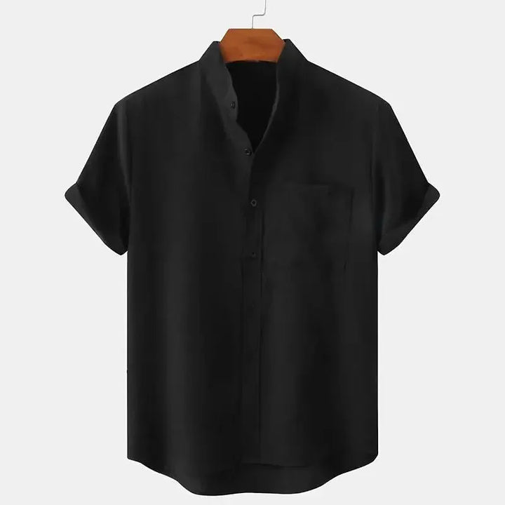 Men's Short Sleeve Linen Shirt Band Collar with Chest Pocket
