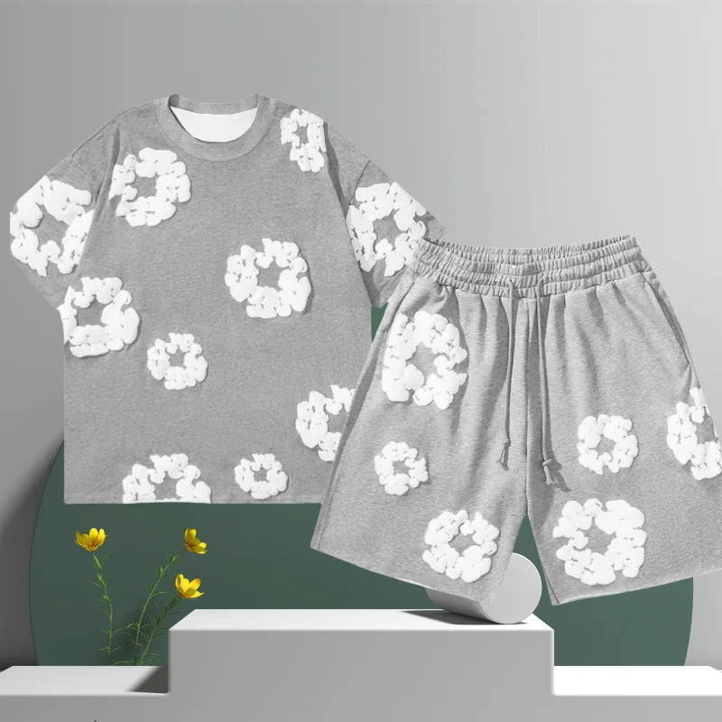 Men's Cotton Flower 3D Print Denim Shorts Set