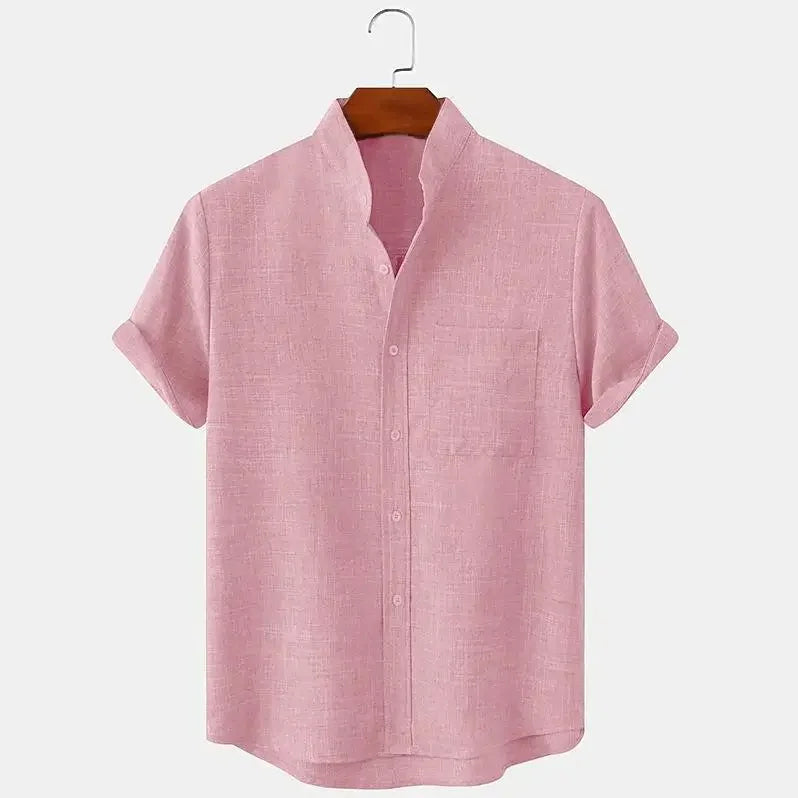 Men's Short Sleeve Linen Shirt Band Collar with Chest Pocket