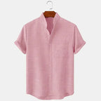 Men's Short Sleeve Linen Shirt Band Collar with Chest Pocket