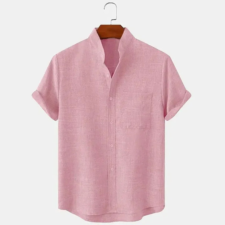 Men's Short Sleeve Linen Shirt Band Collar with Chest Pocket