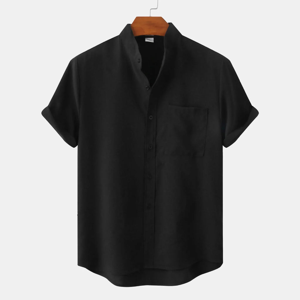 Men's Short Sleeve Collarless Button Up Shirt Linen Blend