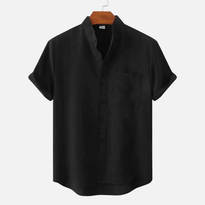Men's Short Sleeve Collarless Button Up Shirt Linen Blend