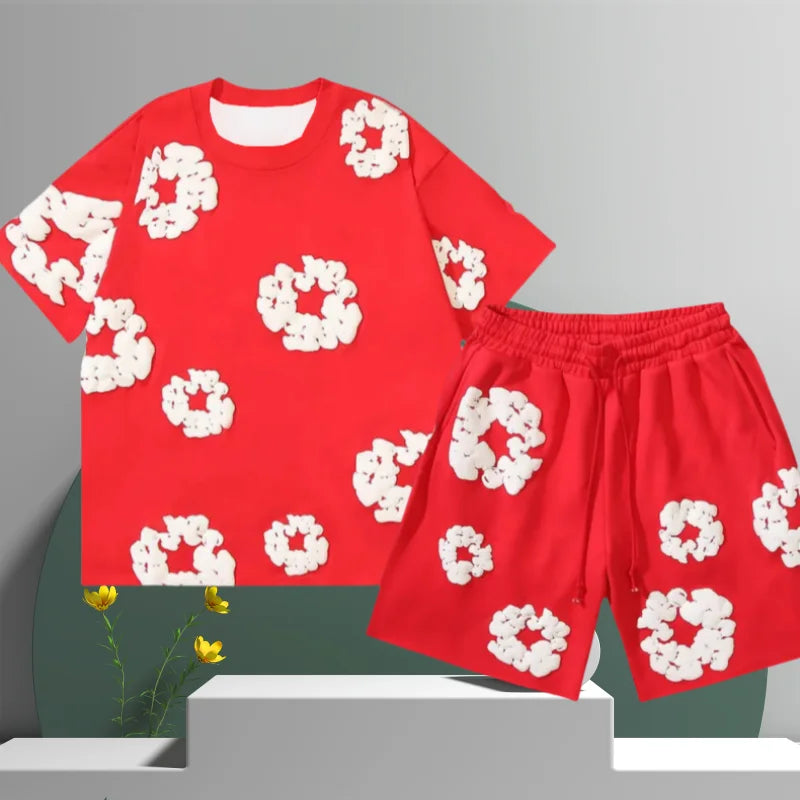 Men's Cotton Flower 3D Print Denim Shorts Set
