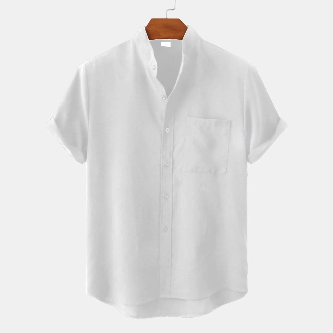 Men's Short Sleeve Collarless Button Up Shirt Linen Blend