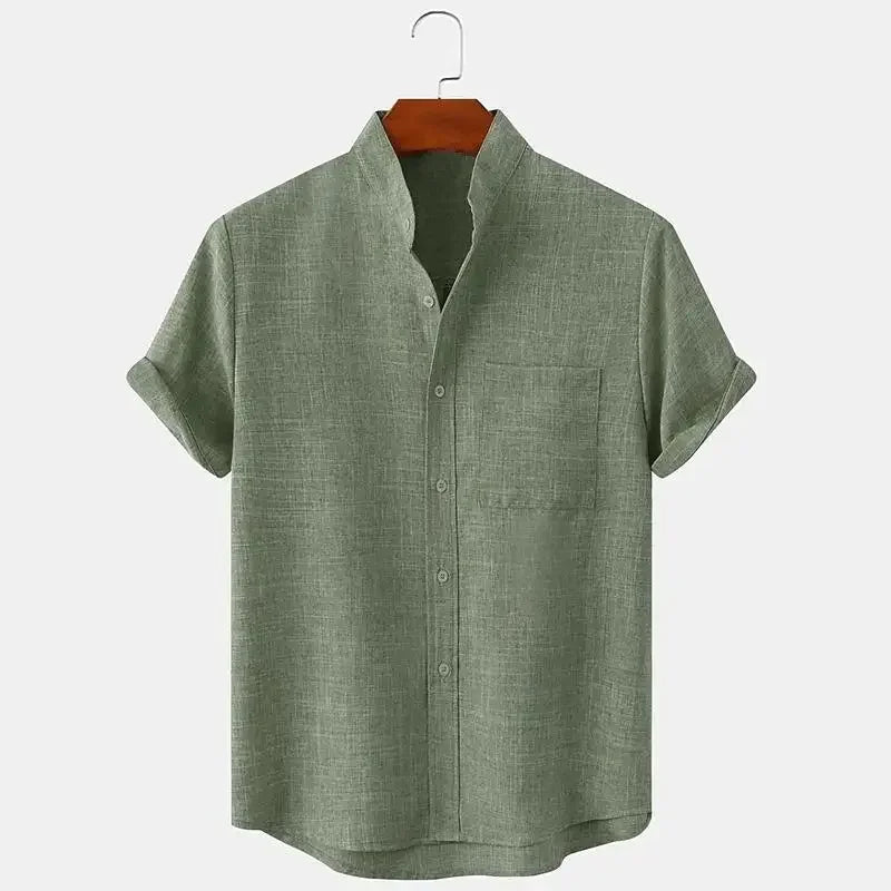 Men's Short Sleeve Linen Shirt Band Collar with Chest Pocket