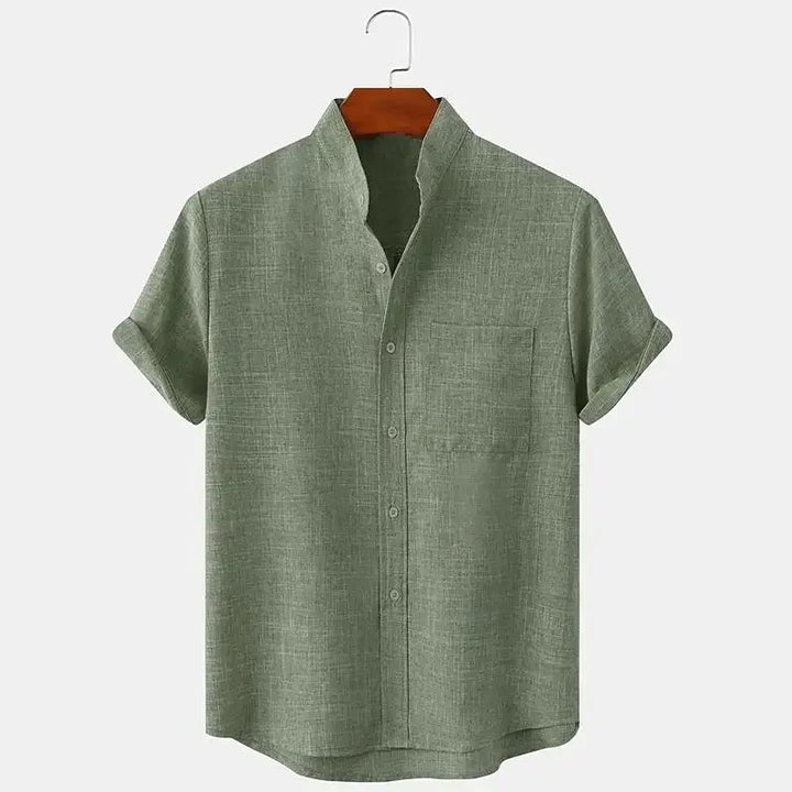 Men's Short Sleeve Linen Shirt Band Collar with Chest Pocket