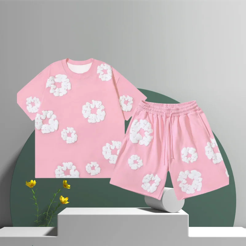 Men's Cotton Flower 3D Print Denim Shorts Set