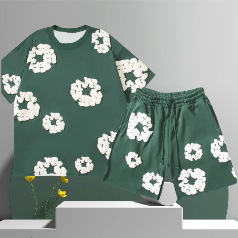 Men's Cotton Flower 3D Print Denim Shorts Set
