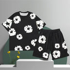 Men's Cotton Flower 3D Print Denim Shorts Set