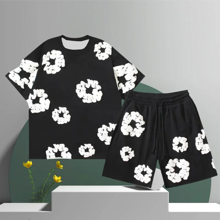 Men's Cotton Flower 3D Print Denim Shorts Set