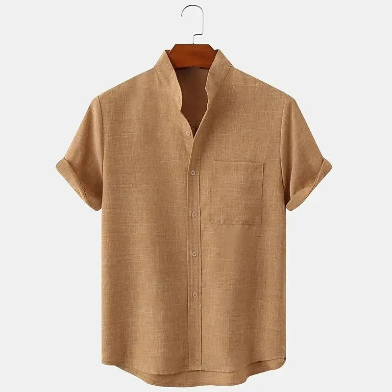 Men's Short Sleeve Linen Shirt Band Collar with Chest Pocket
