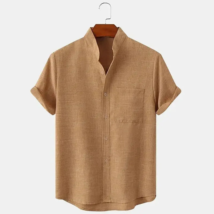 Men's Short Sleeve Linen Shirt Band Collar with Chest Pocket