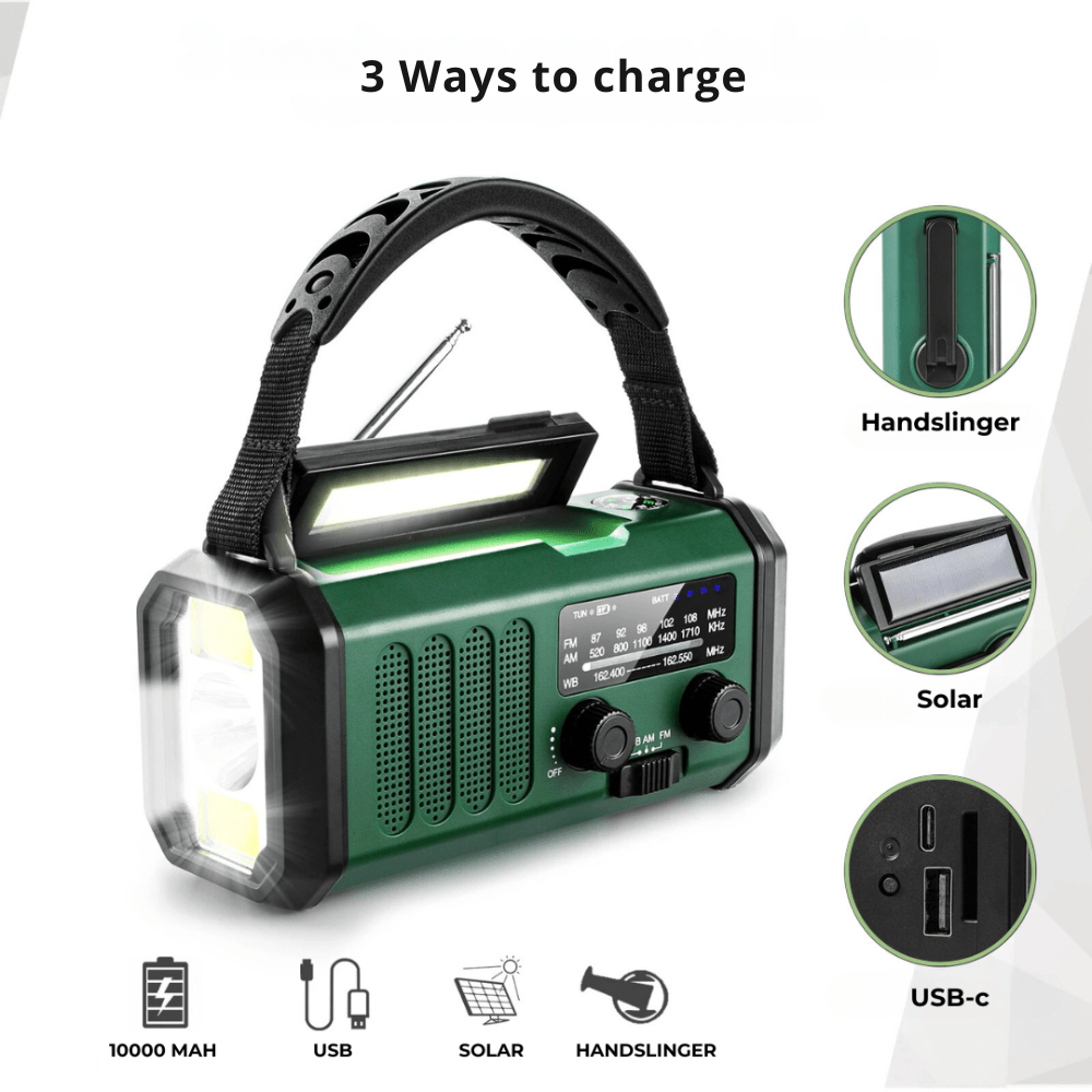 Emergency Weather Radio Solar Hand Crank USB LED Light 10000mAh
