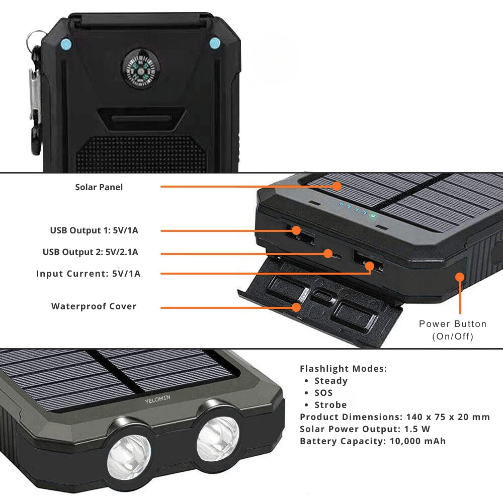 10000mAh Solar Power Bank Dual USB Outdoor Charger with Light