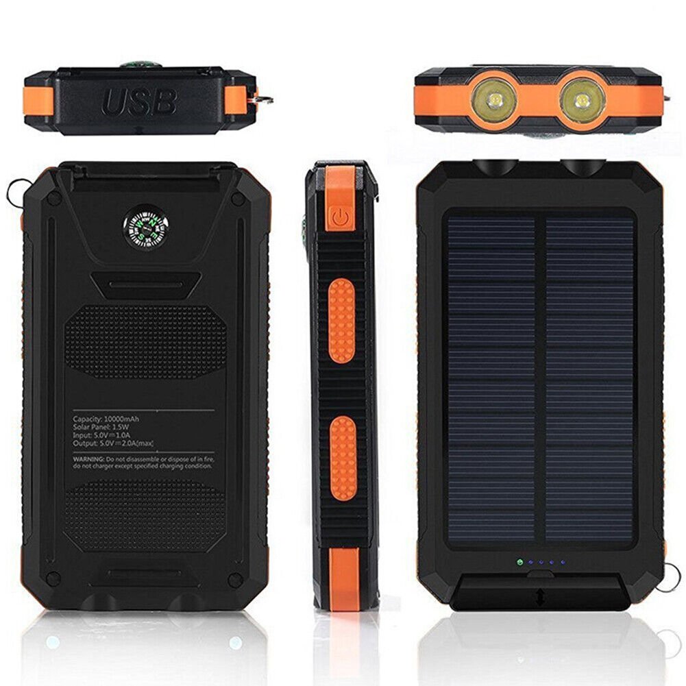10000mAh Solar Power Bank Dual USB Outdoor Charger with Light