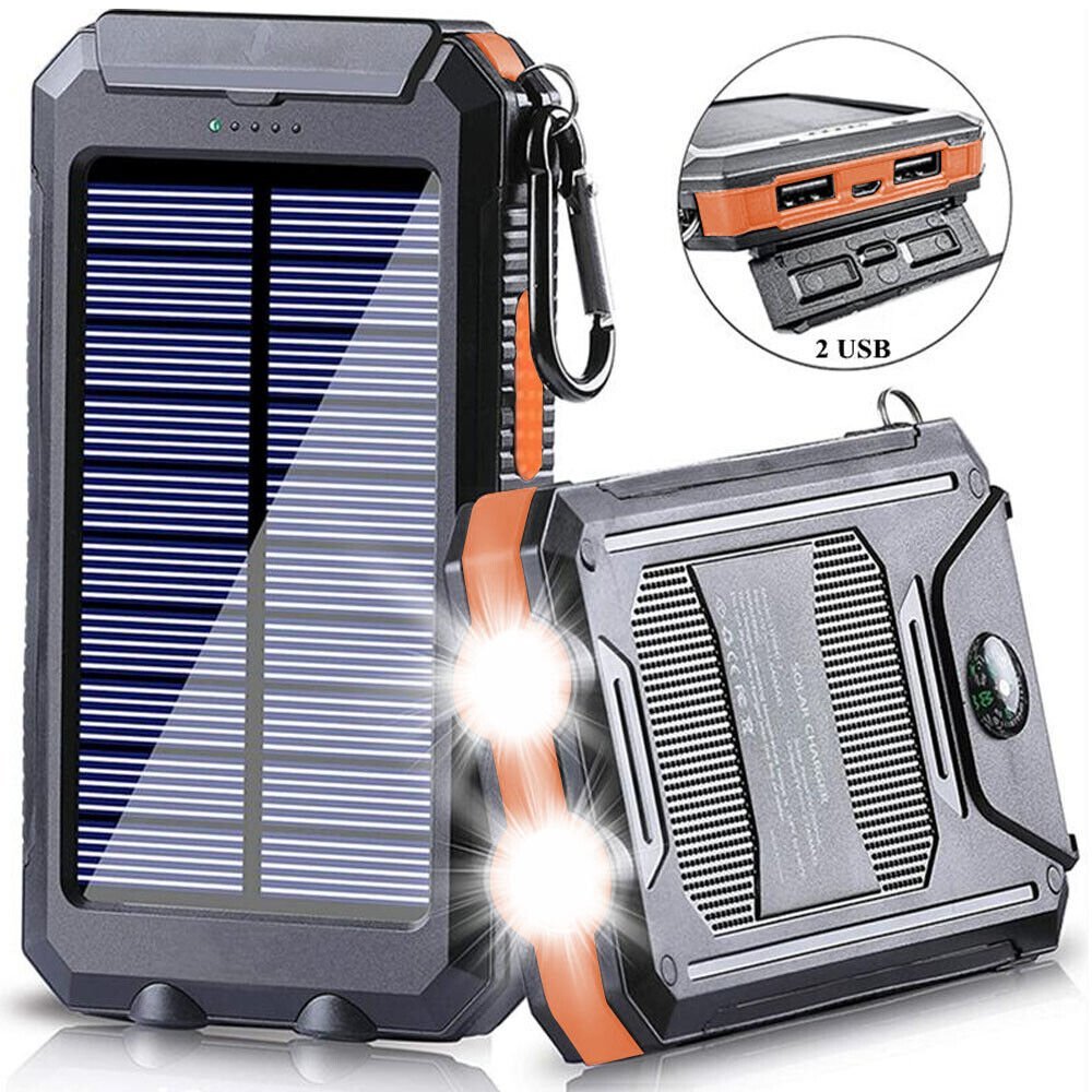 10000mAh Solar Power Bank Dual USB Outdoor Charger with Light