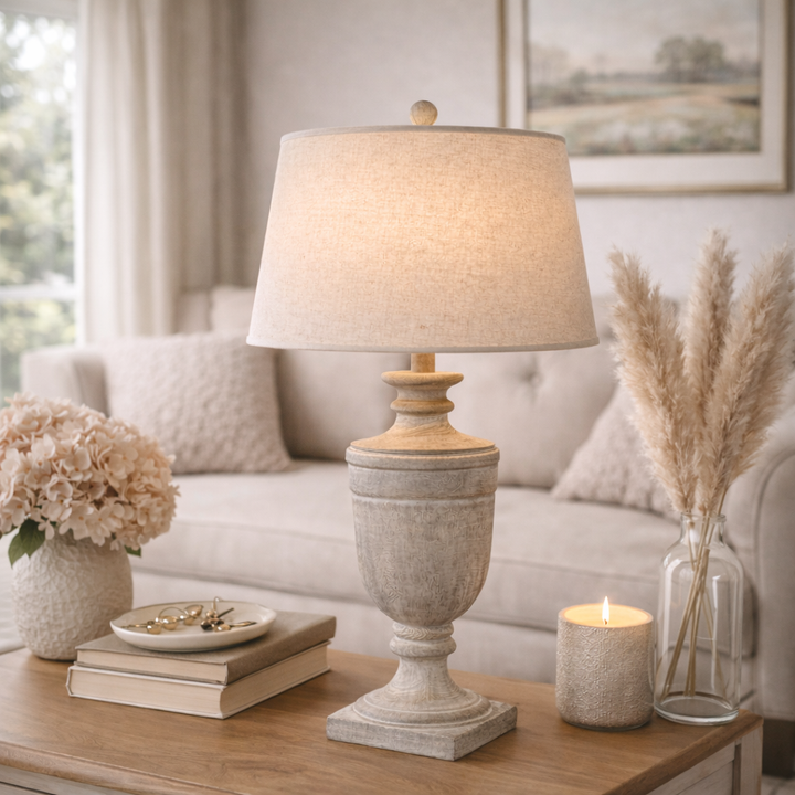 Textured Column Table Lamp with Linen Shade Modern Home Light
