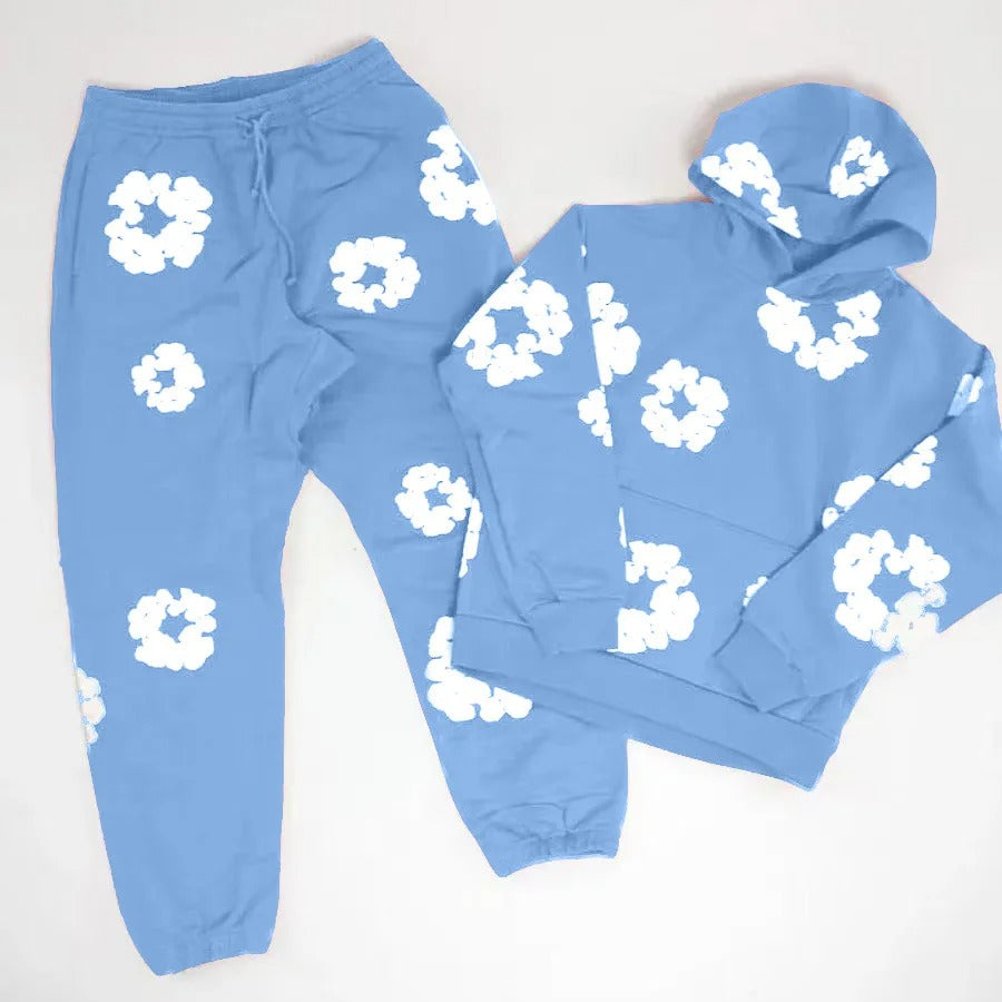 Printed Denim Tracksuit Set for Men and Women Casual Streetwear